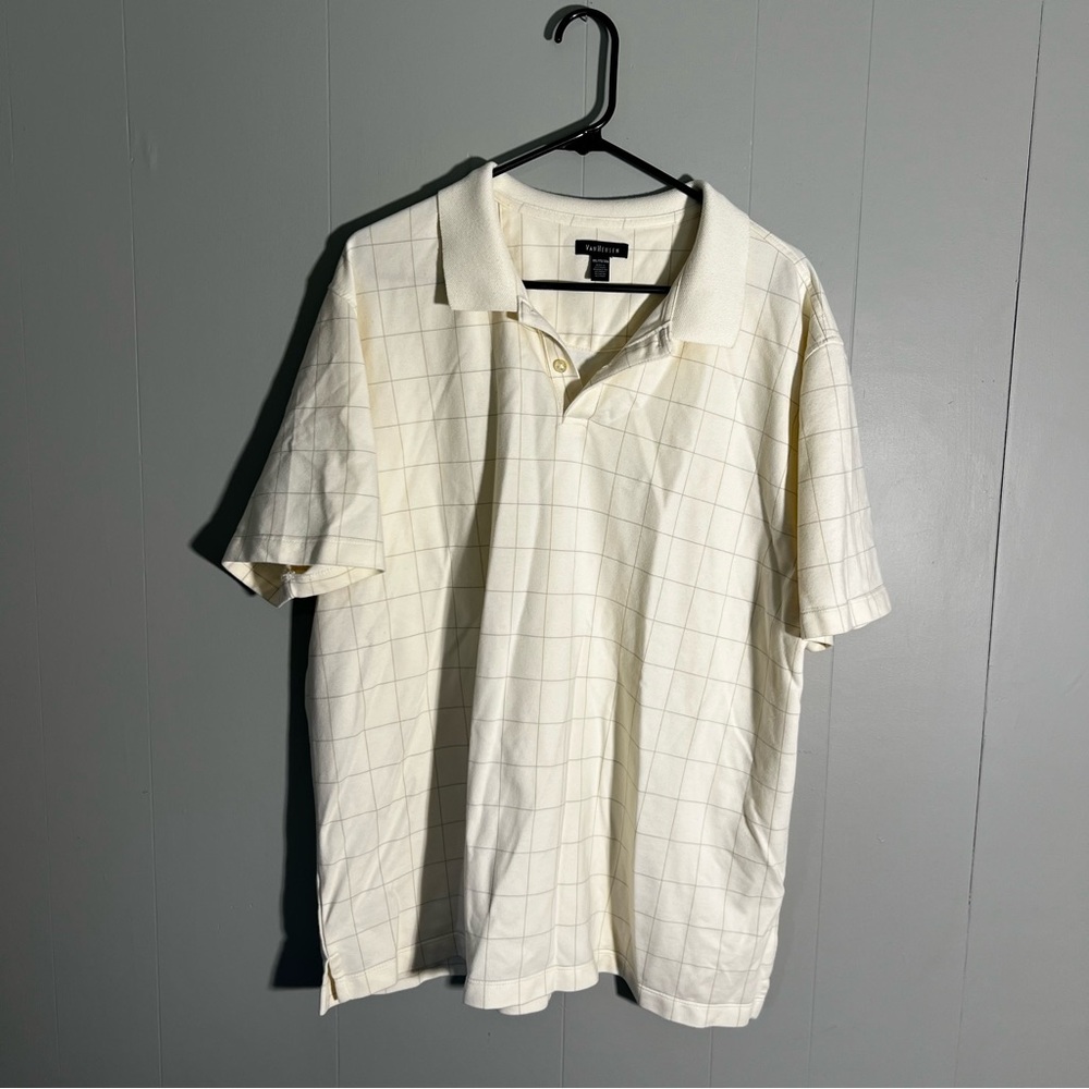 Van Heusen Men’s Polo Shirt XXL Beige Checkered Grid Short Sleeve Casual Golf